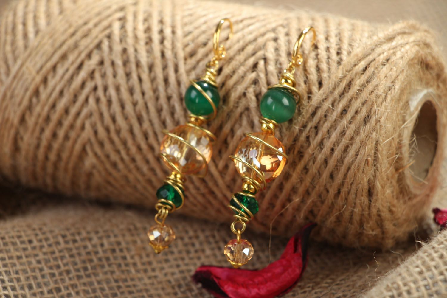 Long earrings with cat's eye stone and crystal glass photo 3