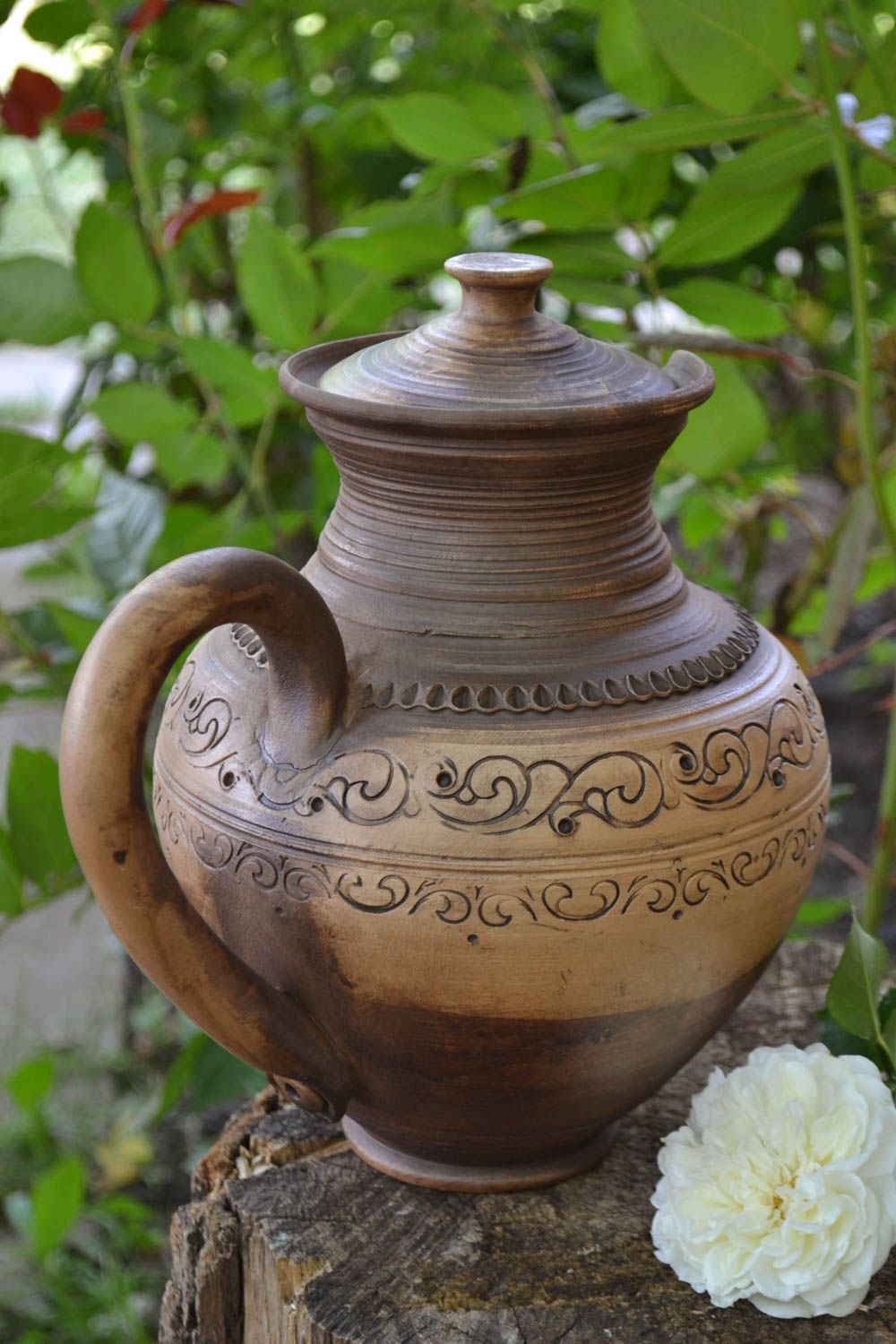 Grande cruche en céramique brune avec couvercle et anse faite main originale  photo 1