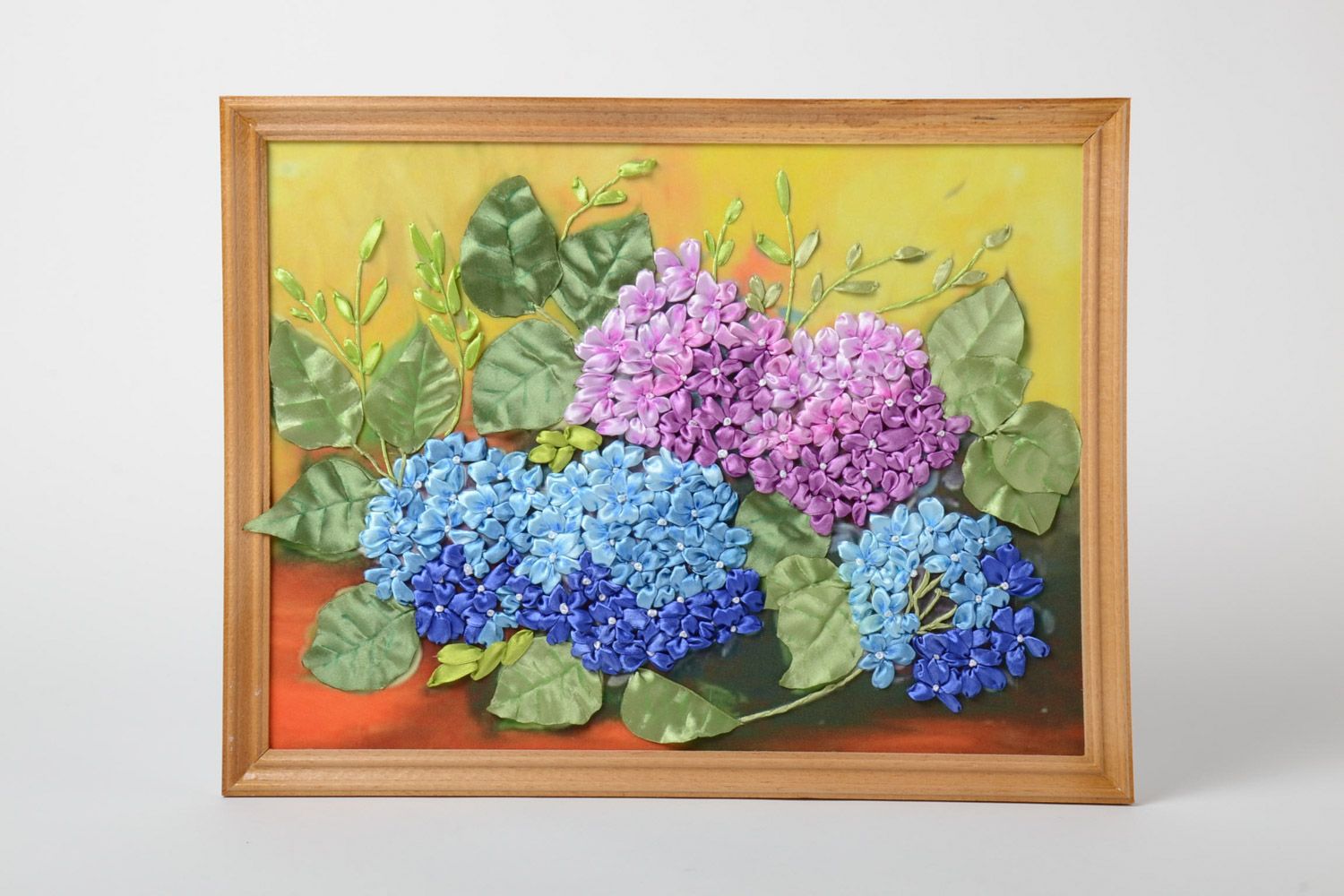 Handmade satin ribbon embroidery with hydrangea flowers in wooden frame photo 1