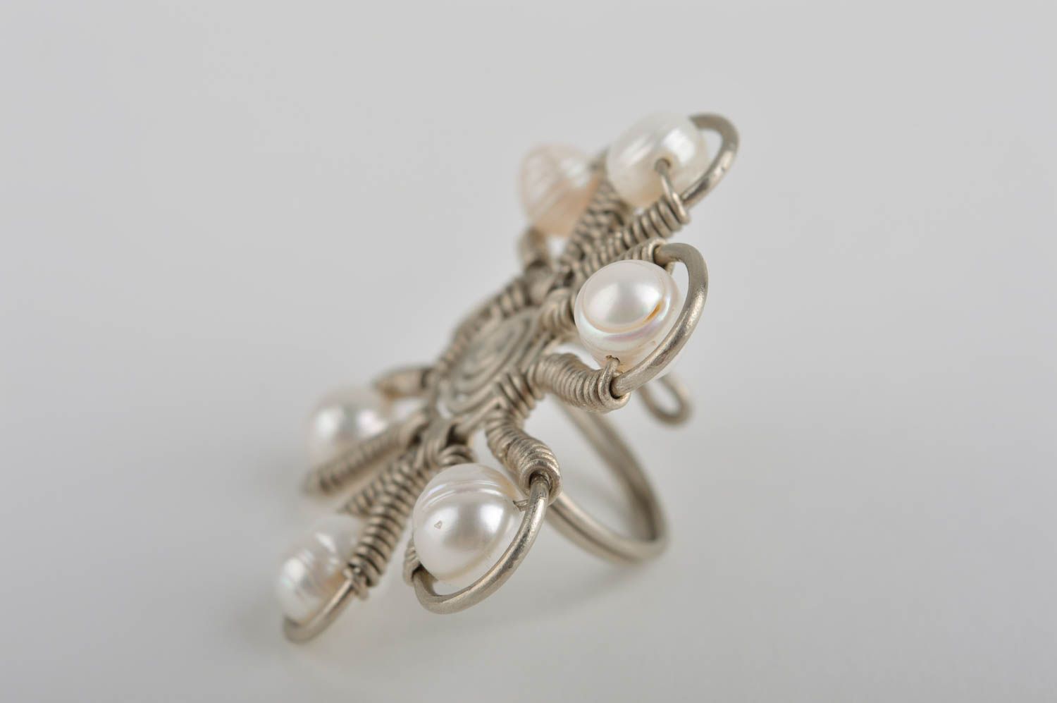 Anillo hecho a mano de metal y perlas bisutería fina regalo para mujer Flor foto 3