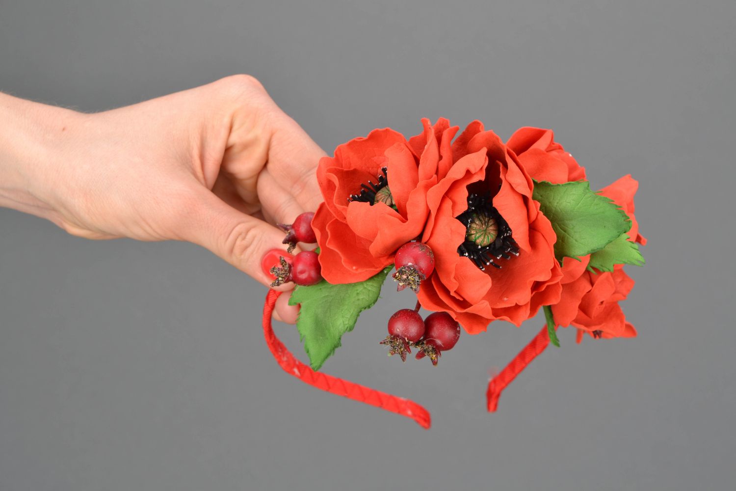 Serre-tête fleurs de pavot rouge fait main photo 1
