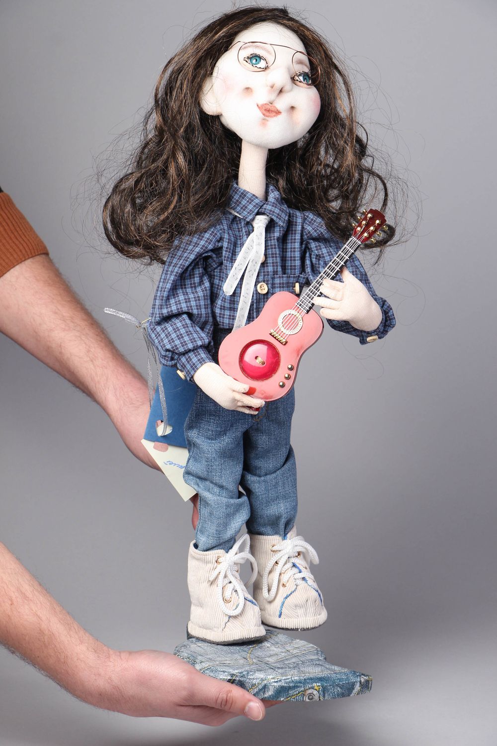 Collectible fabric doll on stand Girl with Guitar photo 4
