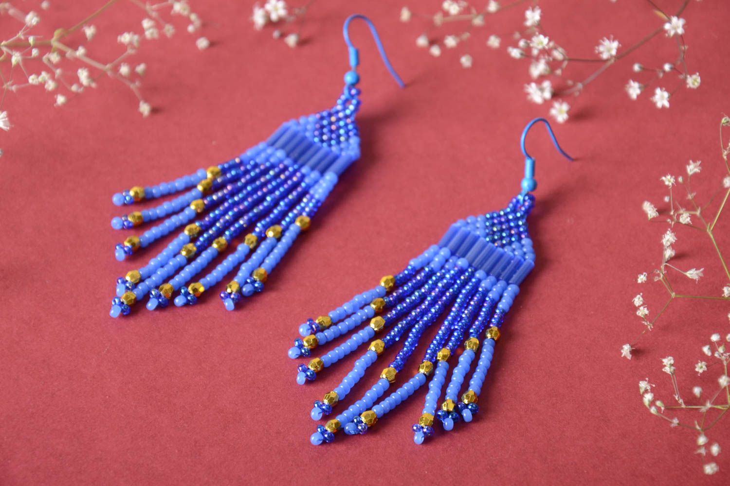 Boucles d'oreilles en perles de rocaille faites main bleues longues belles photo 1
