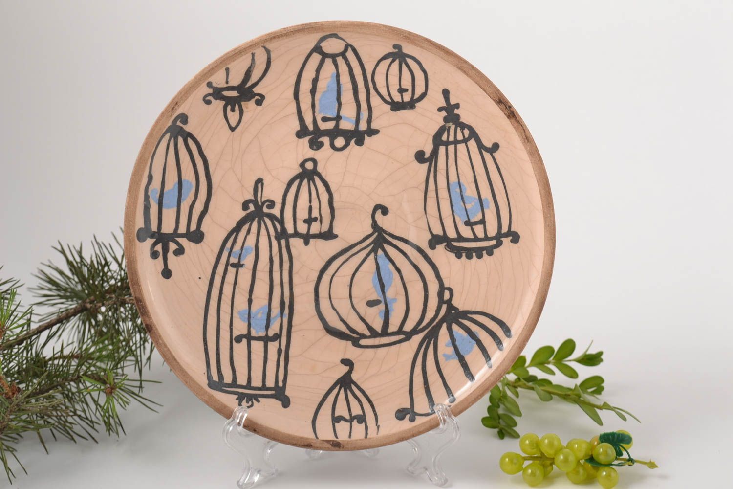 Handmade Keramik Geschirr bunt Teller Keramik Küchen Dekor Vögel im Käfig foto 1
