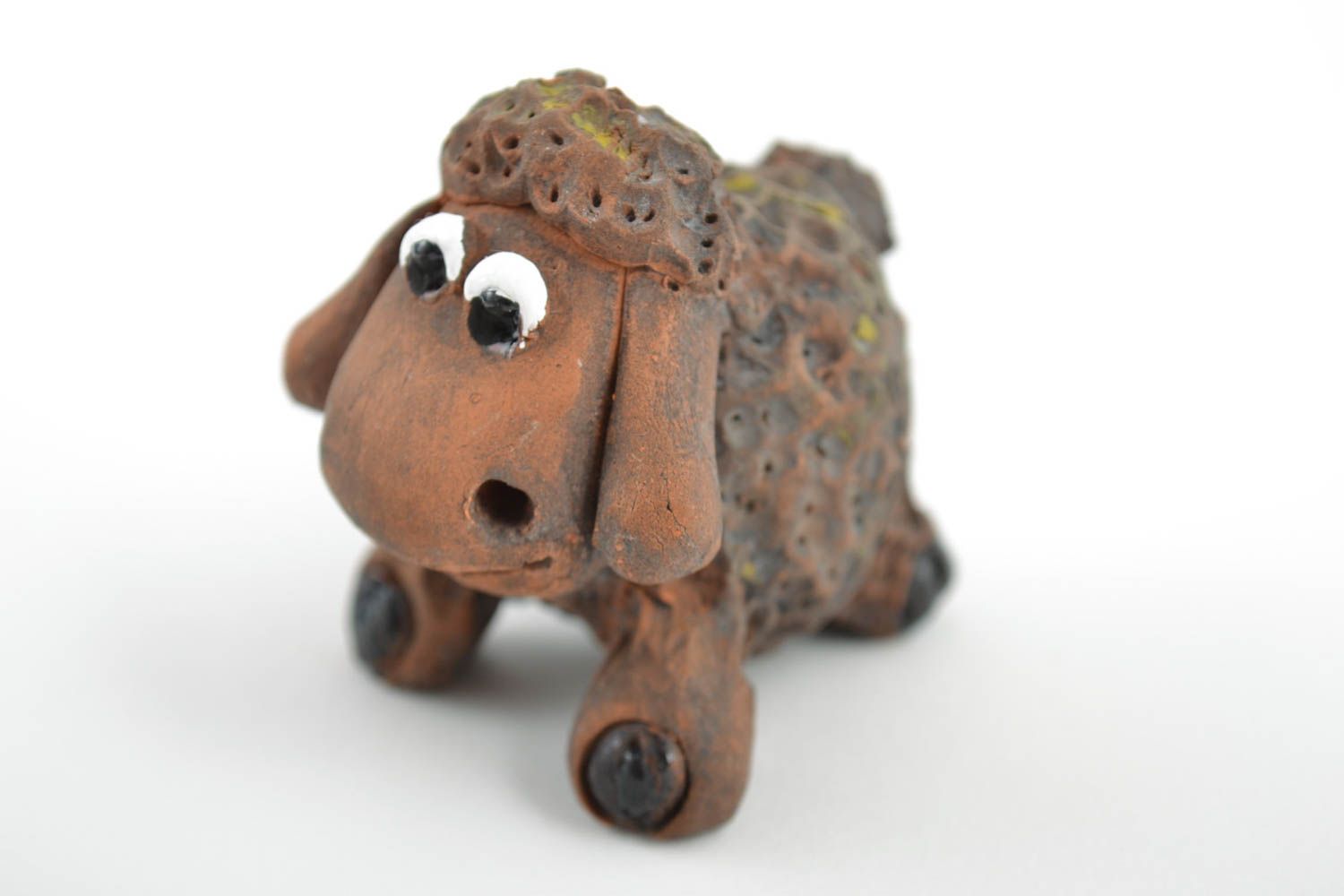 Handmade miniature collectible dark brow ceramic statuette of cute lamb photo 4