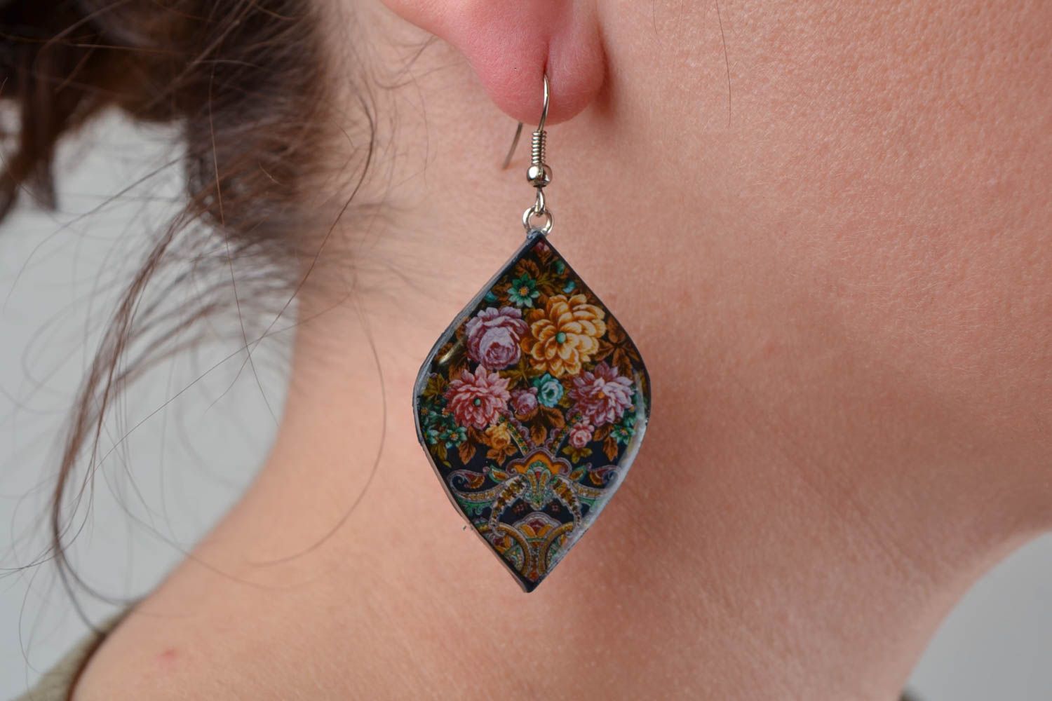 Beautiful handmade polymer clay earrings with decoupage Flowers photo 2