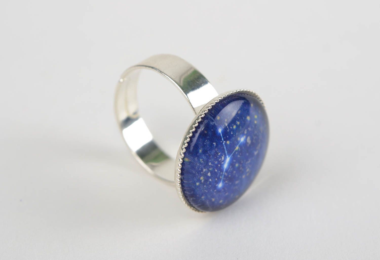Handmade metal ring with round glass top of blue color Cancer zodiac sign photo 4