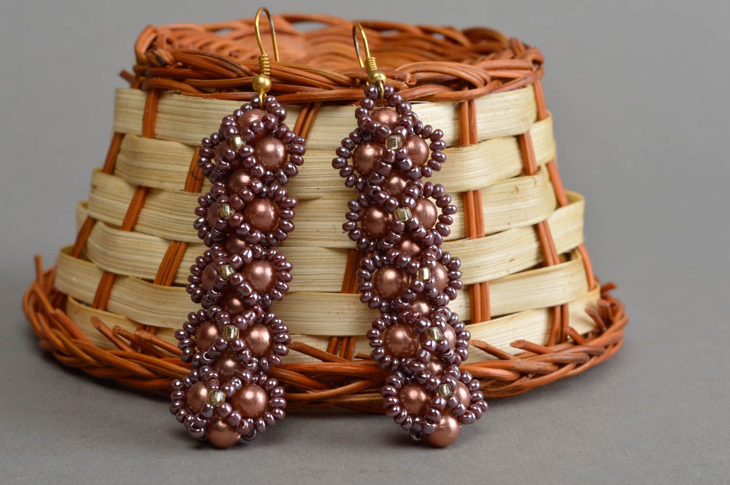 Handmade earrings with charms beaded brown jewelry long stylish accessory photo 1