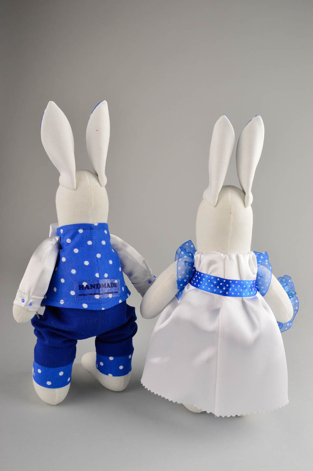 Handmade toys 2 unusual rabbits homemade toys in blue costumes wedding decor photo 3