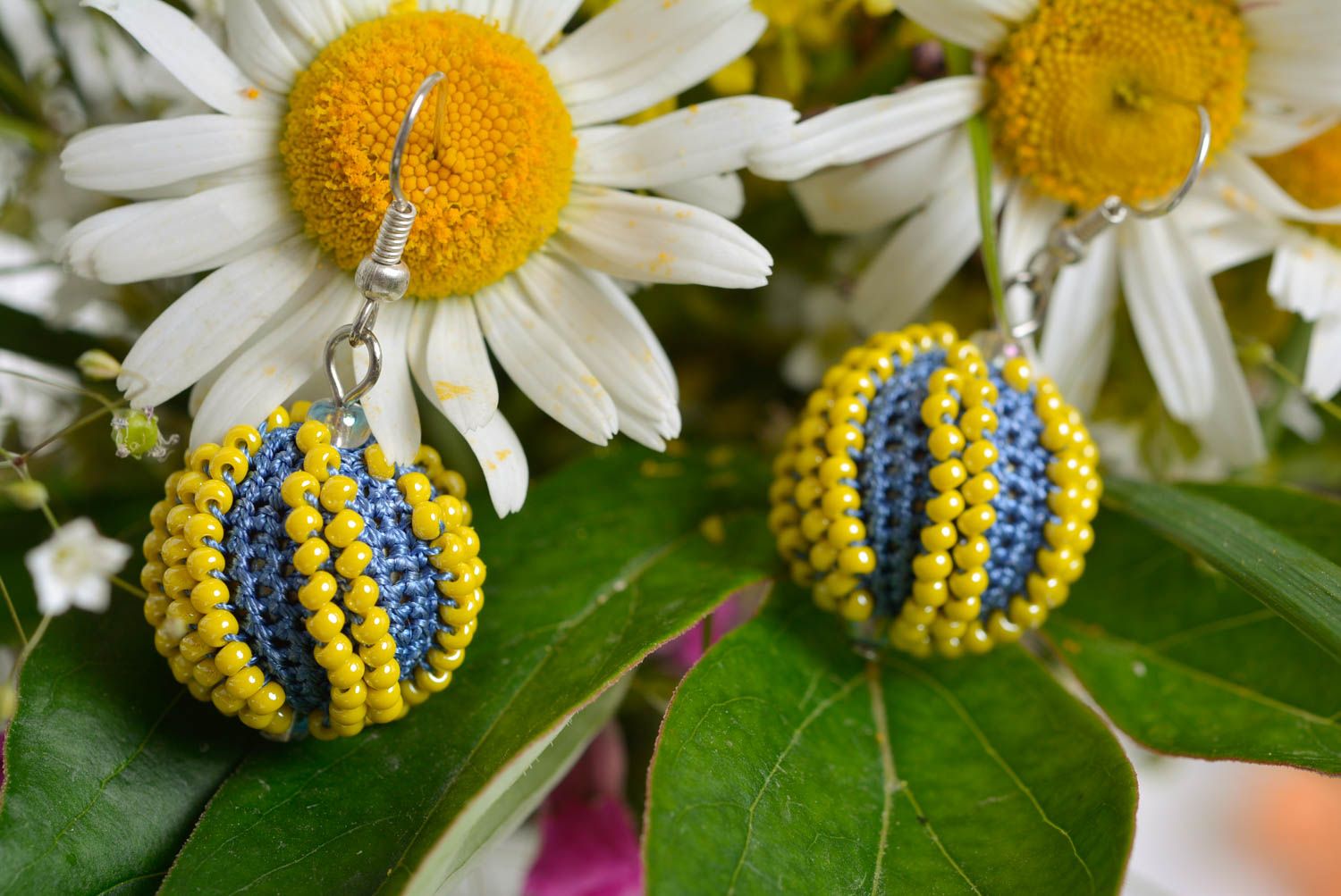 Handmade designer ball shaped dangling earrings woven of beads blue and yellow photo 2