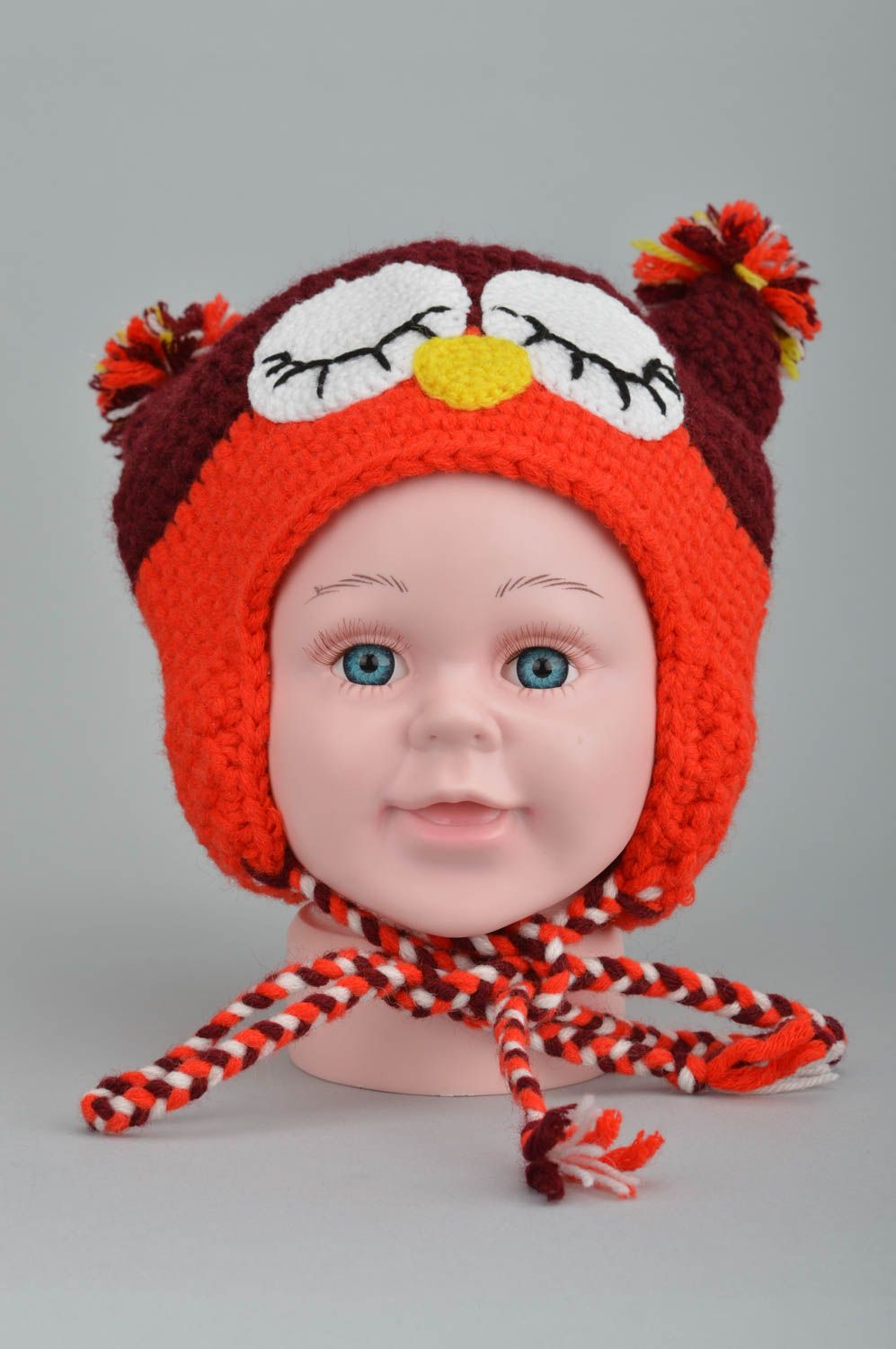 Bonnet tricoté hibou rouge fait main en coton et laine pour enfant original photo 2