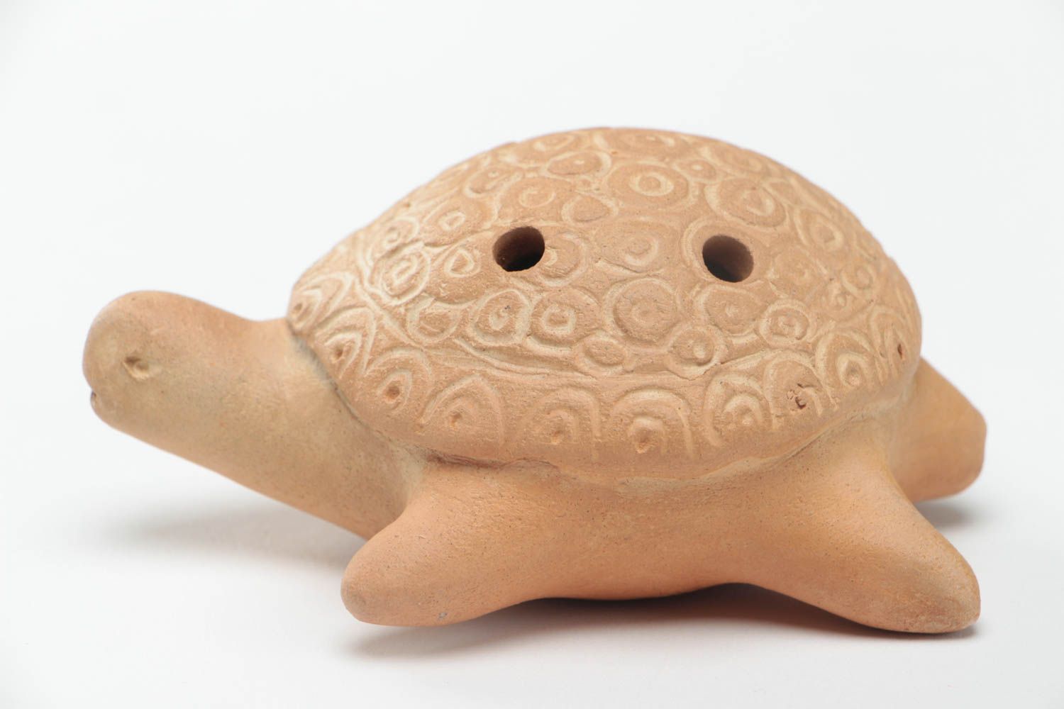 Small handmade designer beige clay ocarina ceramic penny whistle Turtle photo 2