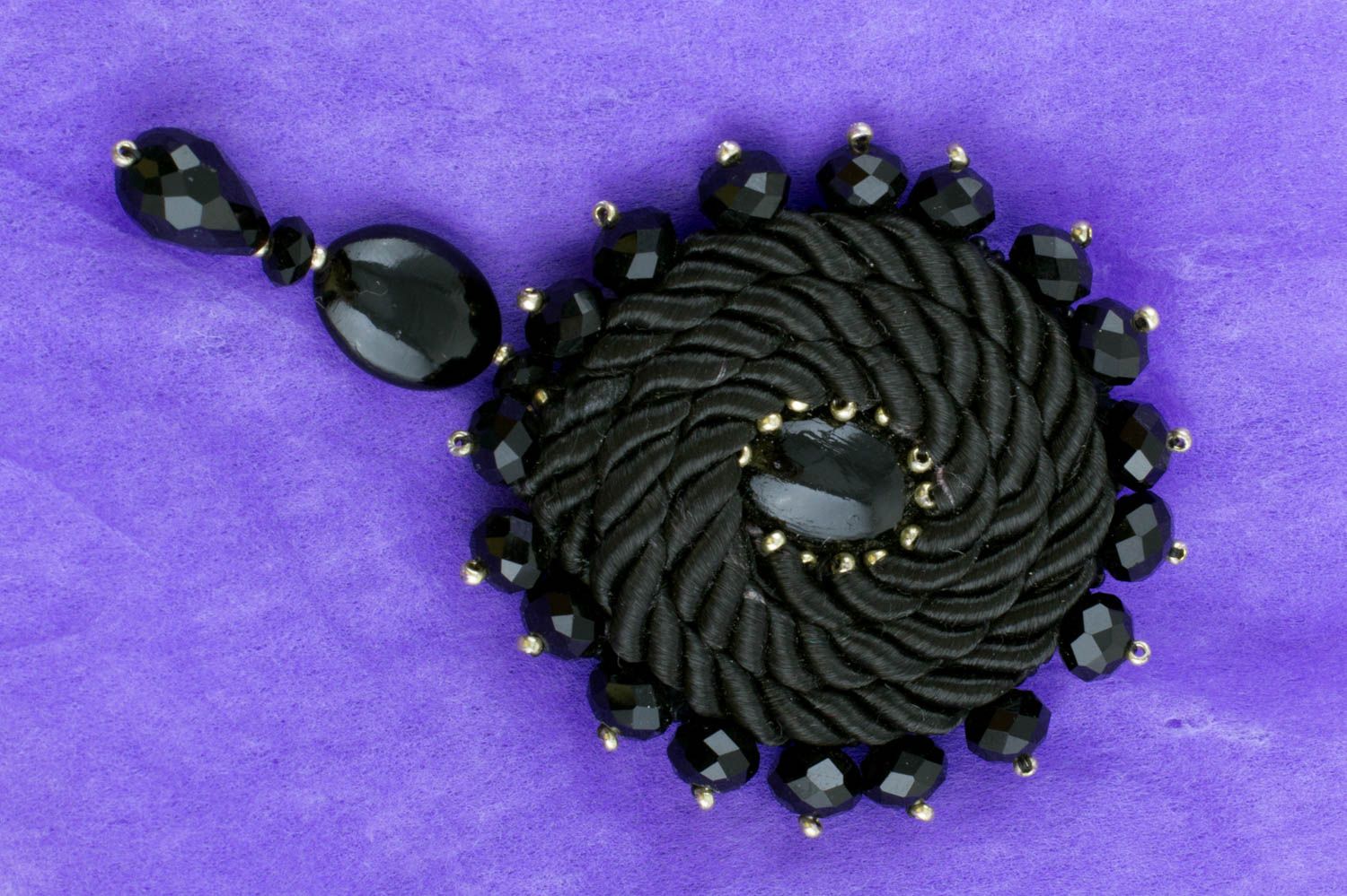 Handmade black agate and crystal bead brooch on leather basis for fashionista photo 1