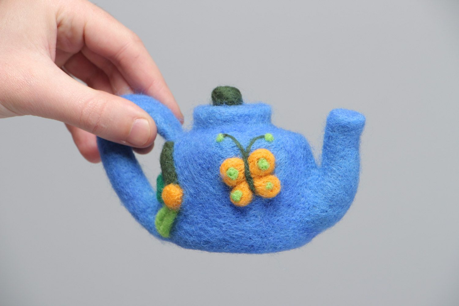 Handmade blue woolen toy teapot with butterfly made using felting technique  photo 5