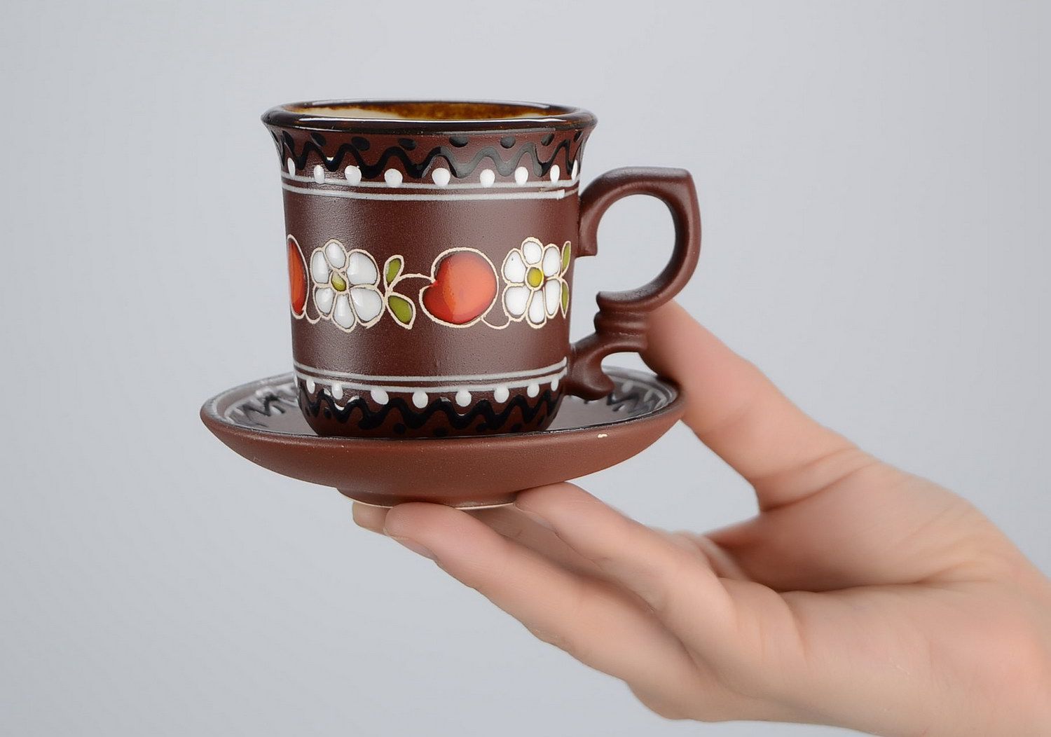 2 oz ceramic glazed decorative brown espresso cup with handle, saucer, and floral pattern photo 5