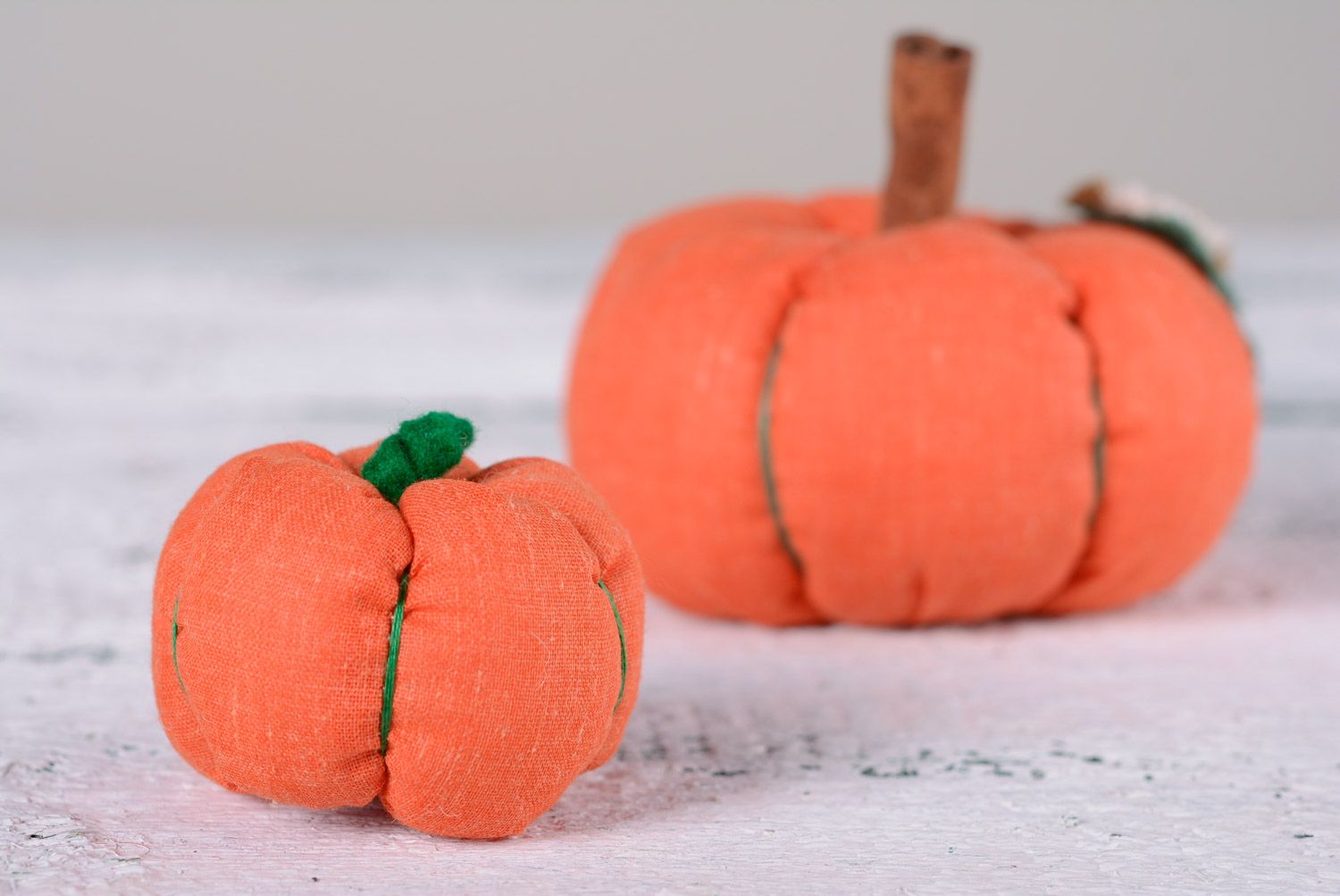 Handmade small soft toy sewn of linen in the shape of pumpkin for interior decor photo 5