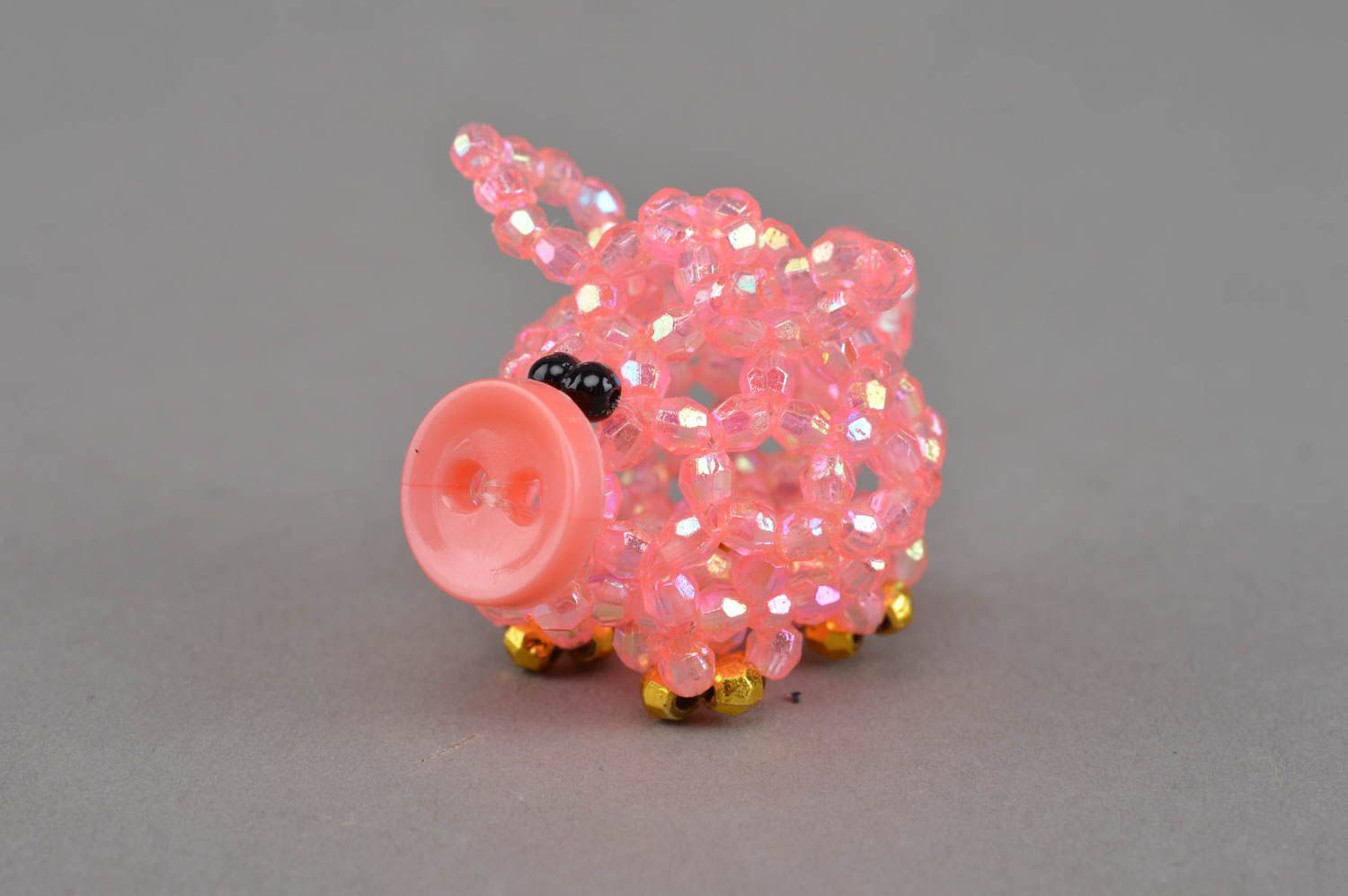 Unusual pink handmade designer beaded figurine of pig decorated with button photo 2