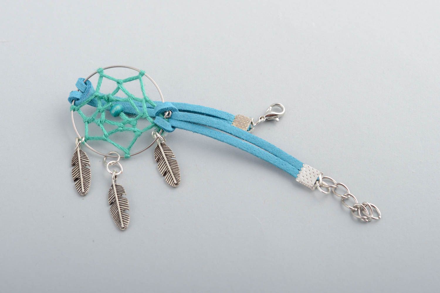 Handmade designer faux suede blue cord macrame bracelet with dreamcatcher amulet photo 4