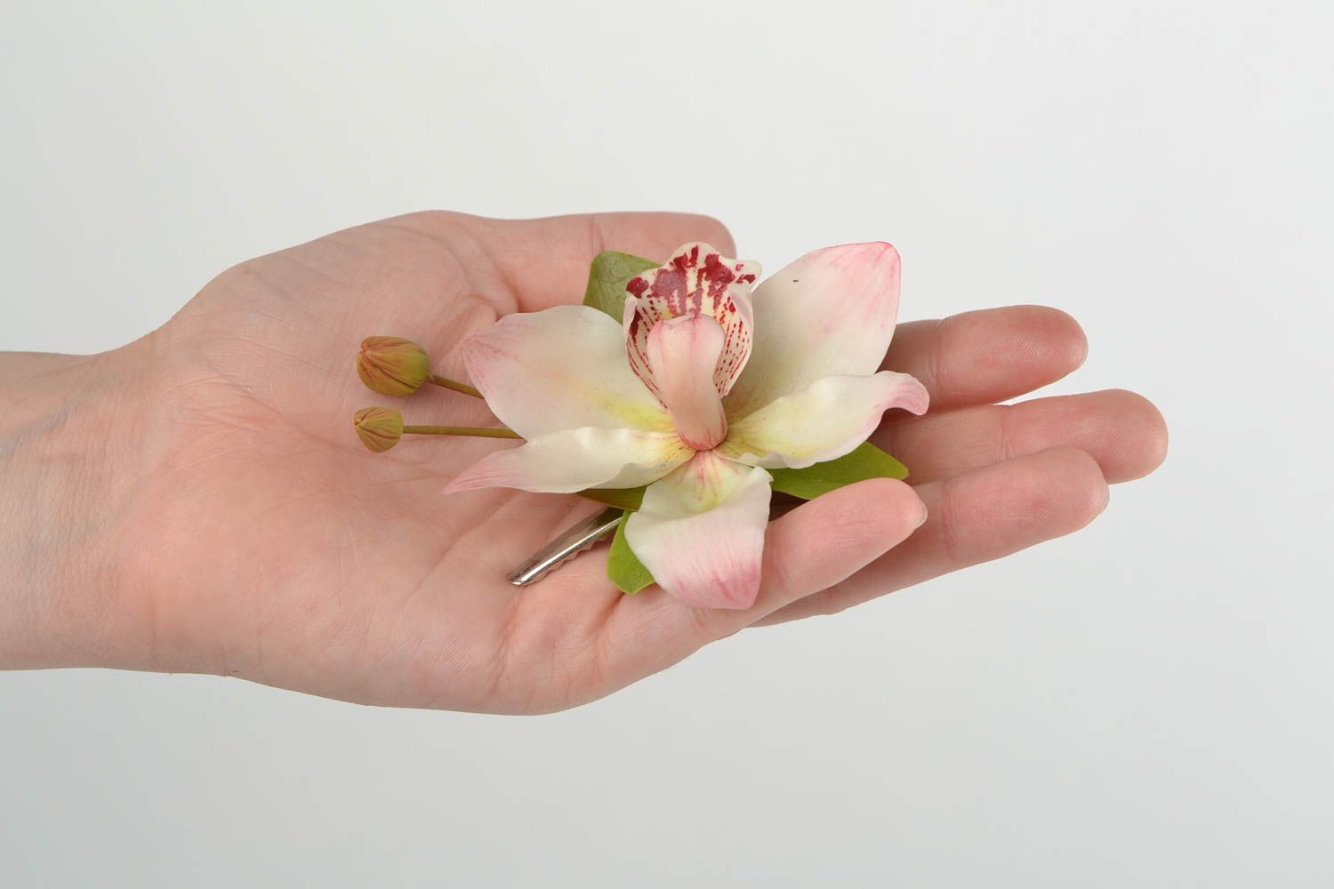 Broche barrette orchidée cymbidium en porcelaine froide faite main originale photo 2