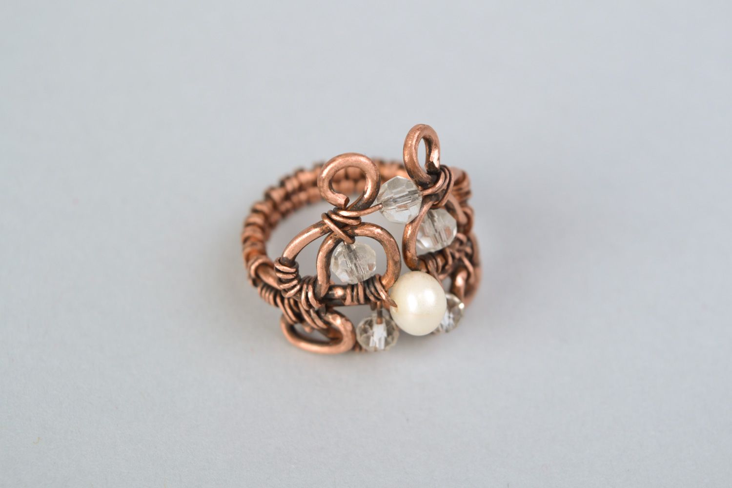 Handmade wire wrap copper ring with natural pearl and Czech crystal for women photo 3