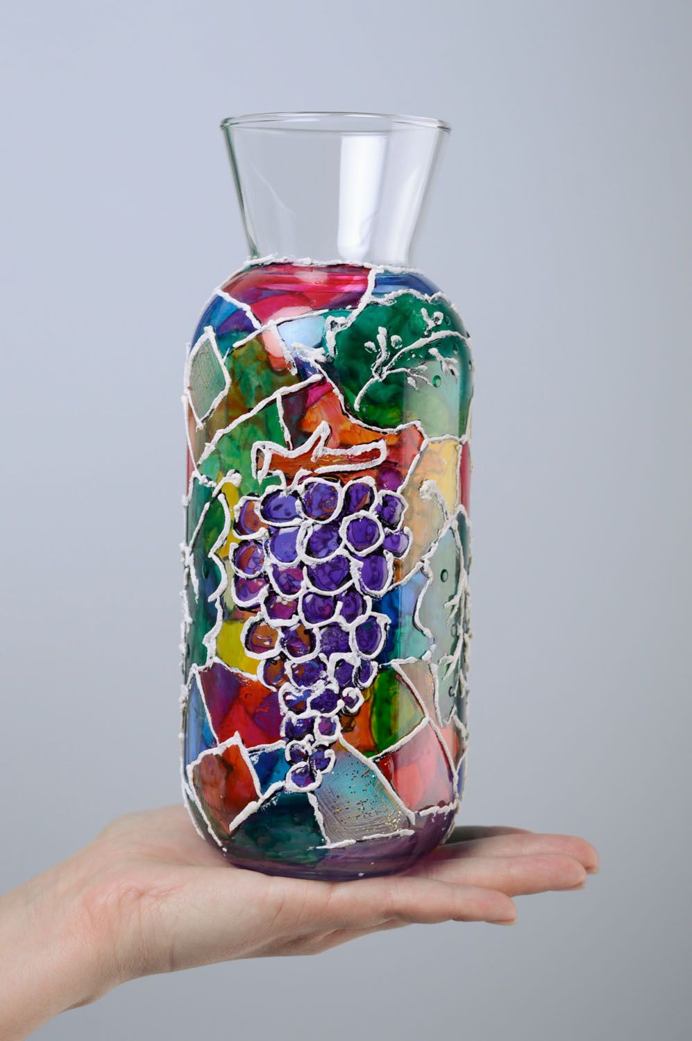 Vase en verre peint décoré vitrail fait main photo 5