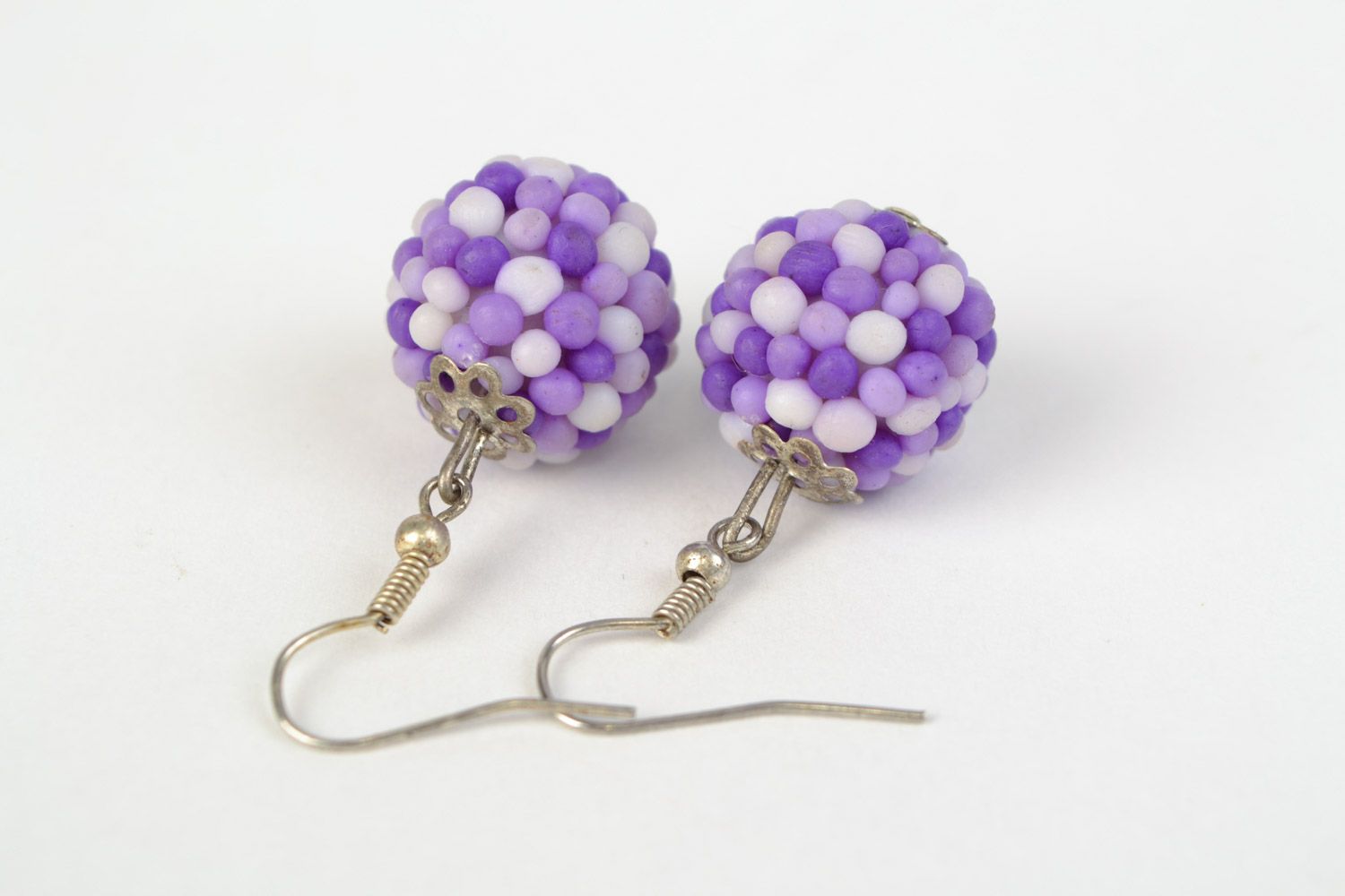 Handmade polymer clay dangling earrings with small balls of lilac color photo 3