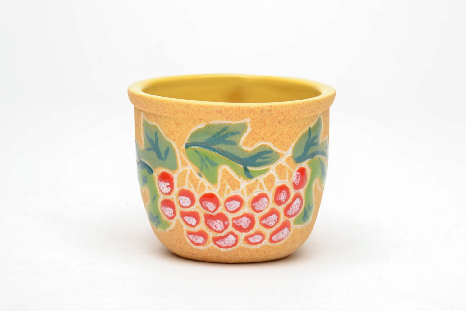 Small floral pattern 3 oz clay cup in yellow color with handle photo 3