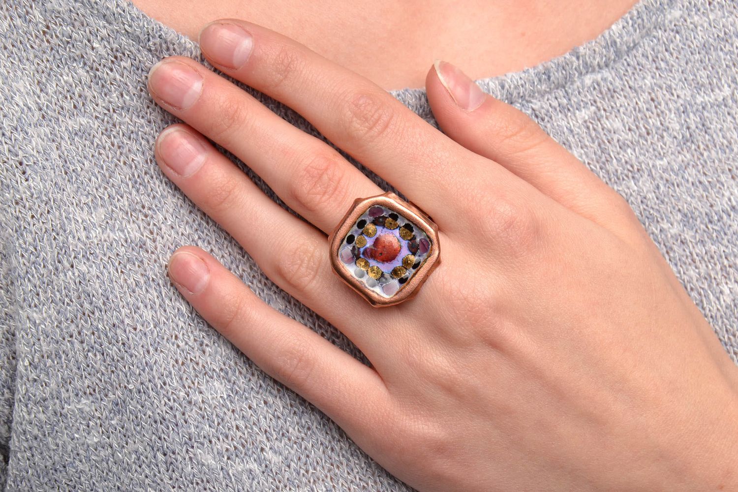 Handmade copper ring with enamel photo 5