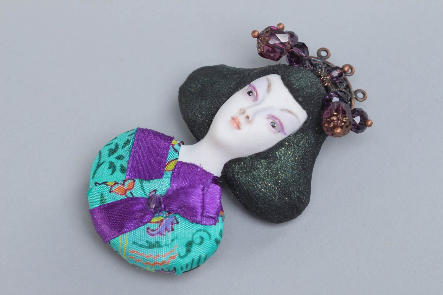 Handcrafted designer bright brooch made of polymer clay for women photo 2