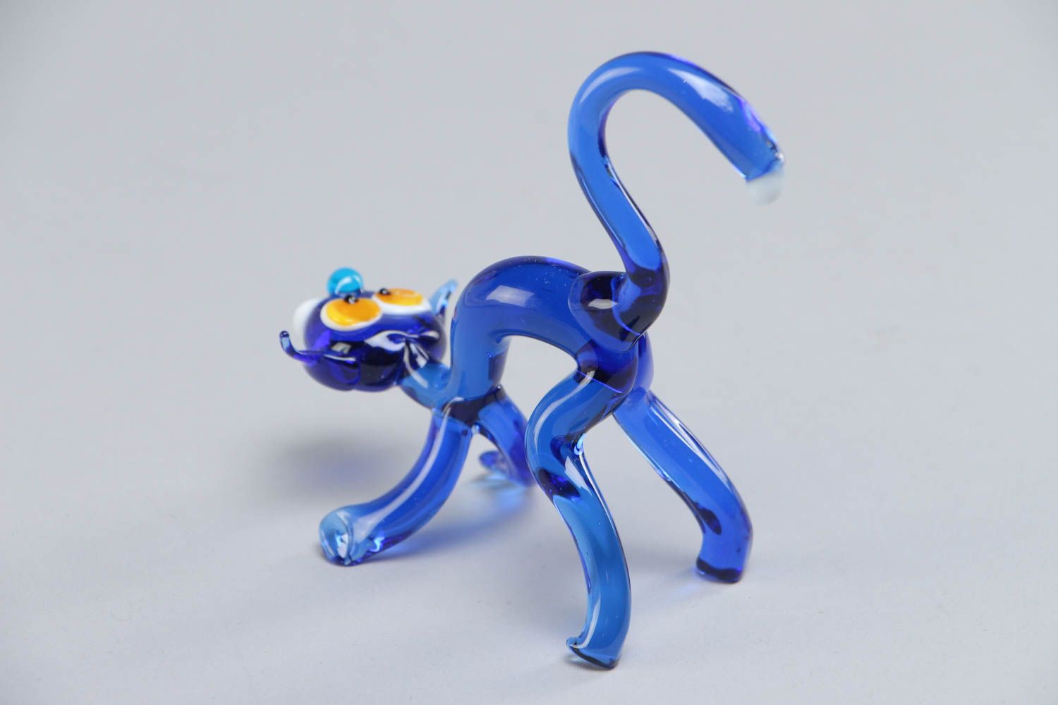 Figura de vidrio lampwork artesanal en miniatura para decoración de mesa Gato azul  foto 4