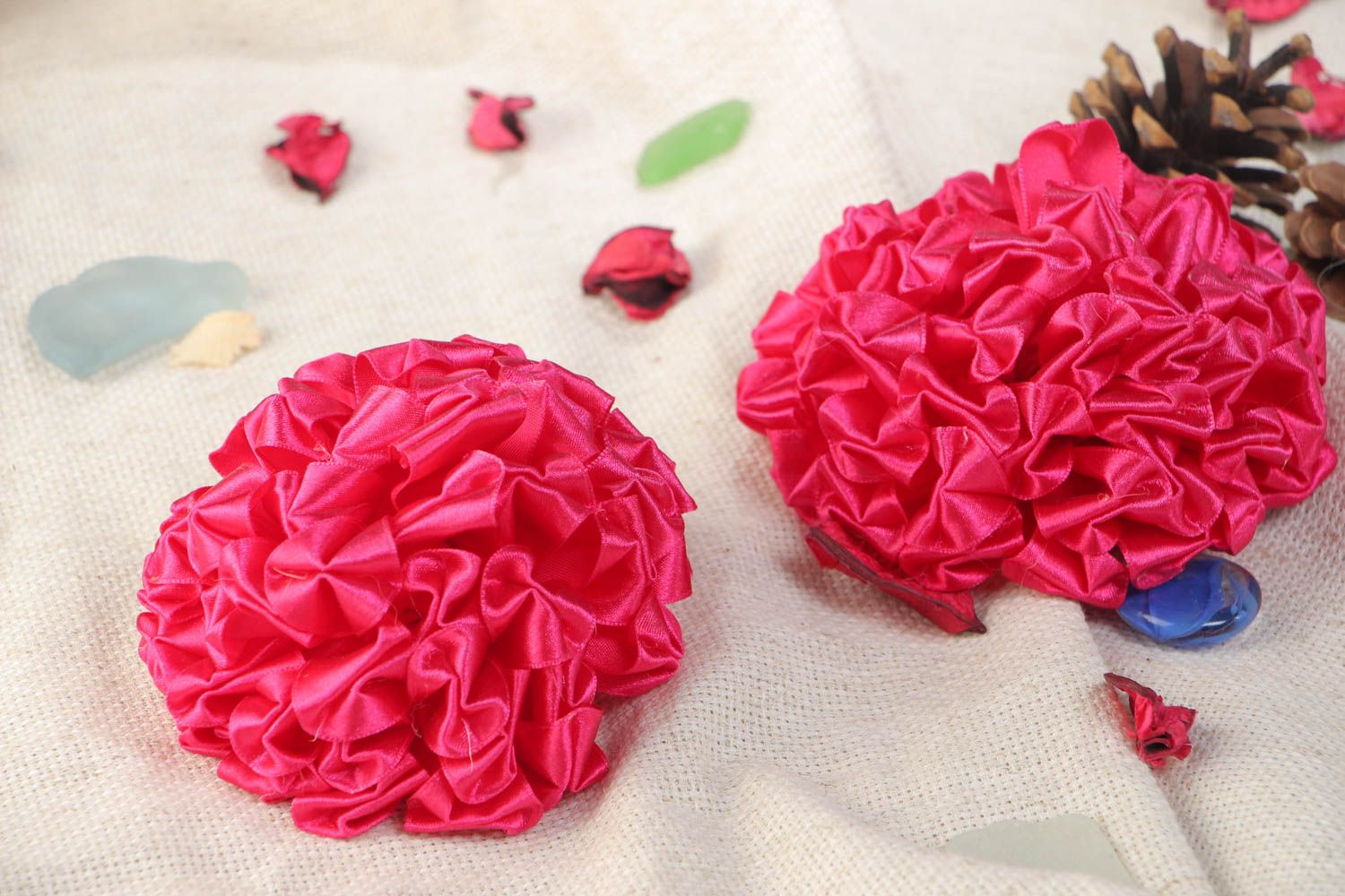 Set of handmade hair ties with volume large bright pink flowers 2 items for kids photo 1