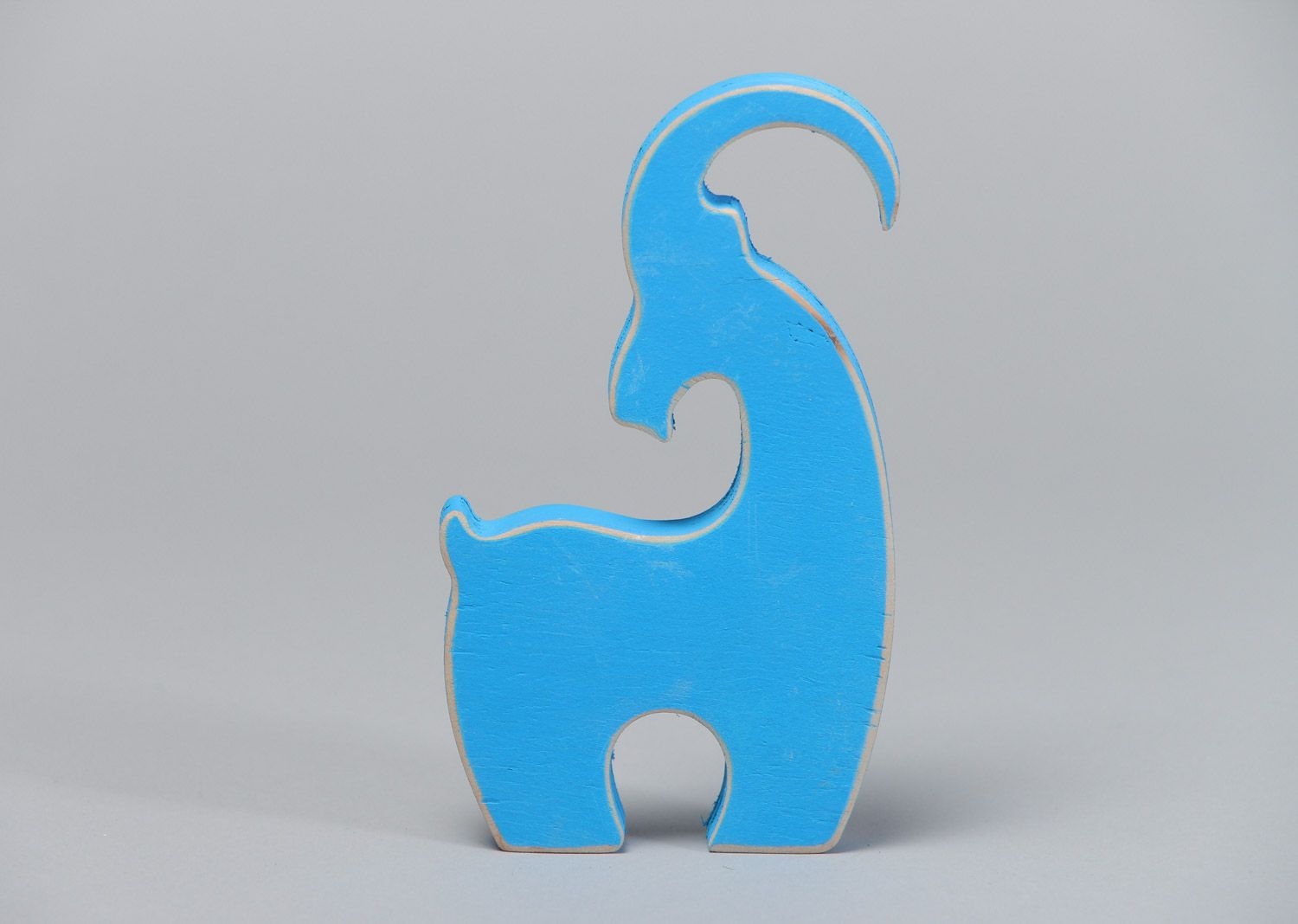 Handmade decorative small flat plywood figurine of goat of blue color photo 2