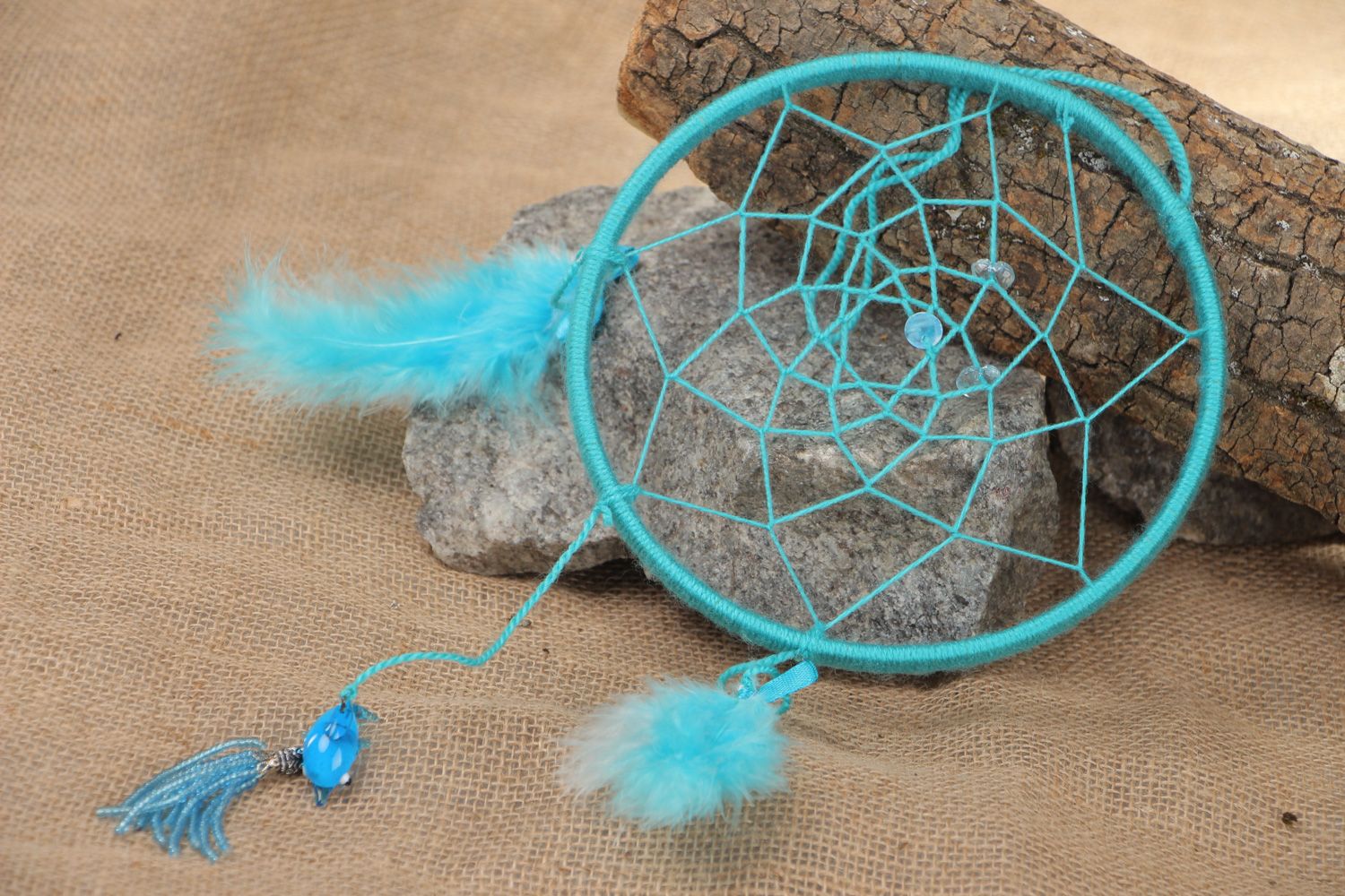 Blue handmade amulet dreamcatcher wall hanging with feathers and dolphin  photo 1