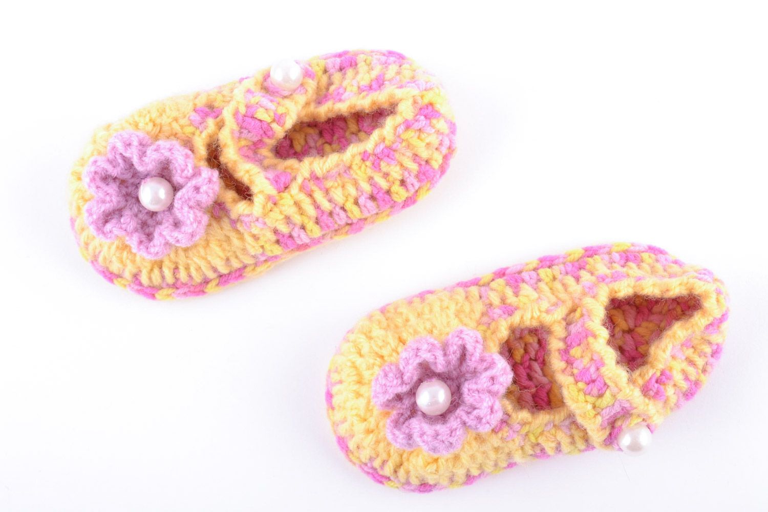 Tender warm handmade baby shoes crocheted of wool and cotton threads for girl photo 5