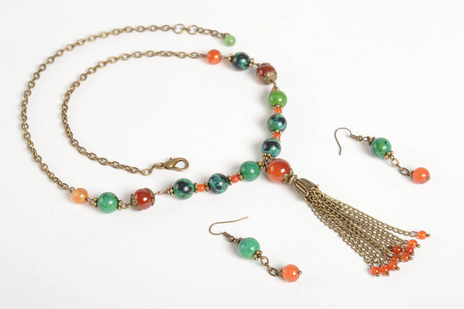 Handmade elite jewelry set unusual beautiful earrings beaded colorful necklace photo 5