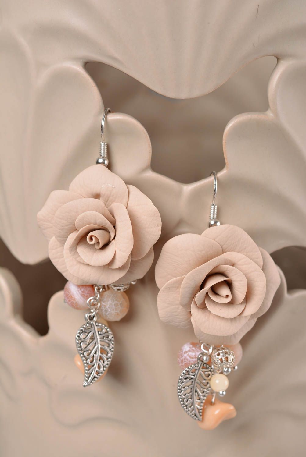 Handmade designer tender polymer clay rose flower earrings with metal charms photo 1
