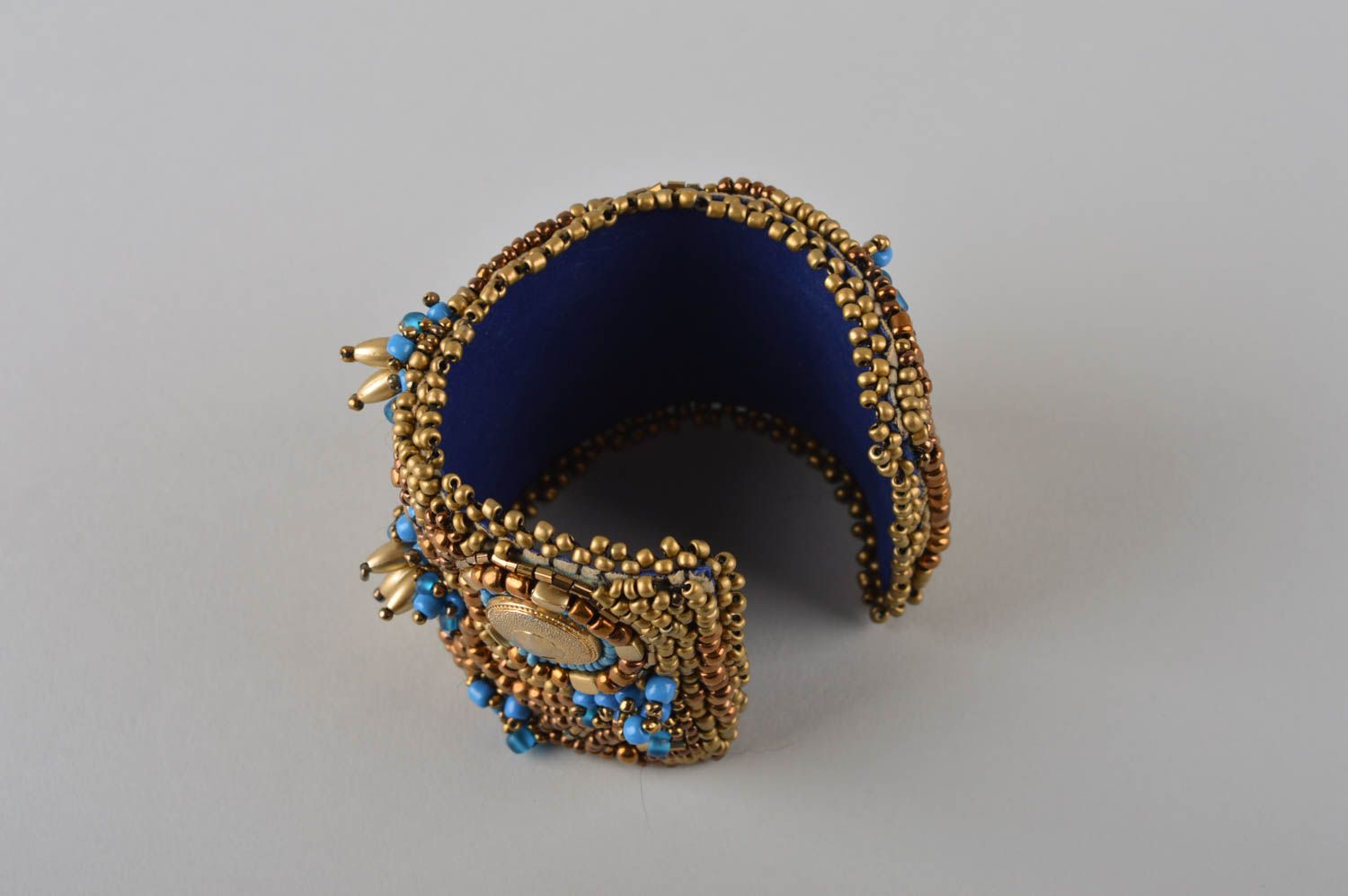 Cuff wide women bracelet decorated with golden beads photo 4