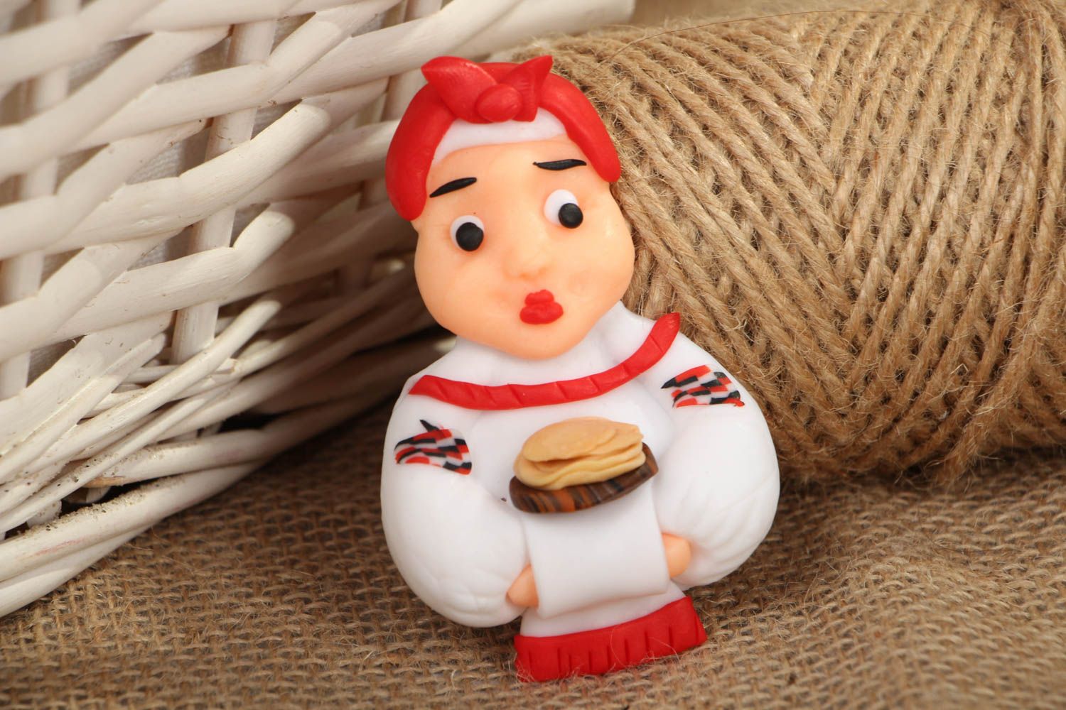 Polymer clay fridge magnet Housewife with Pancakes photo 5