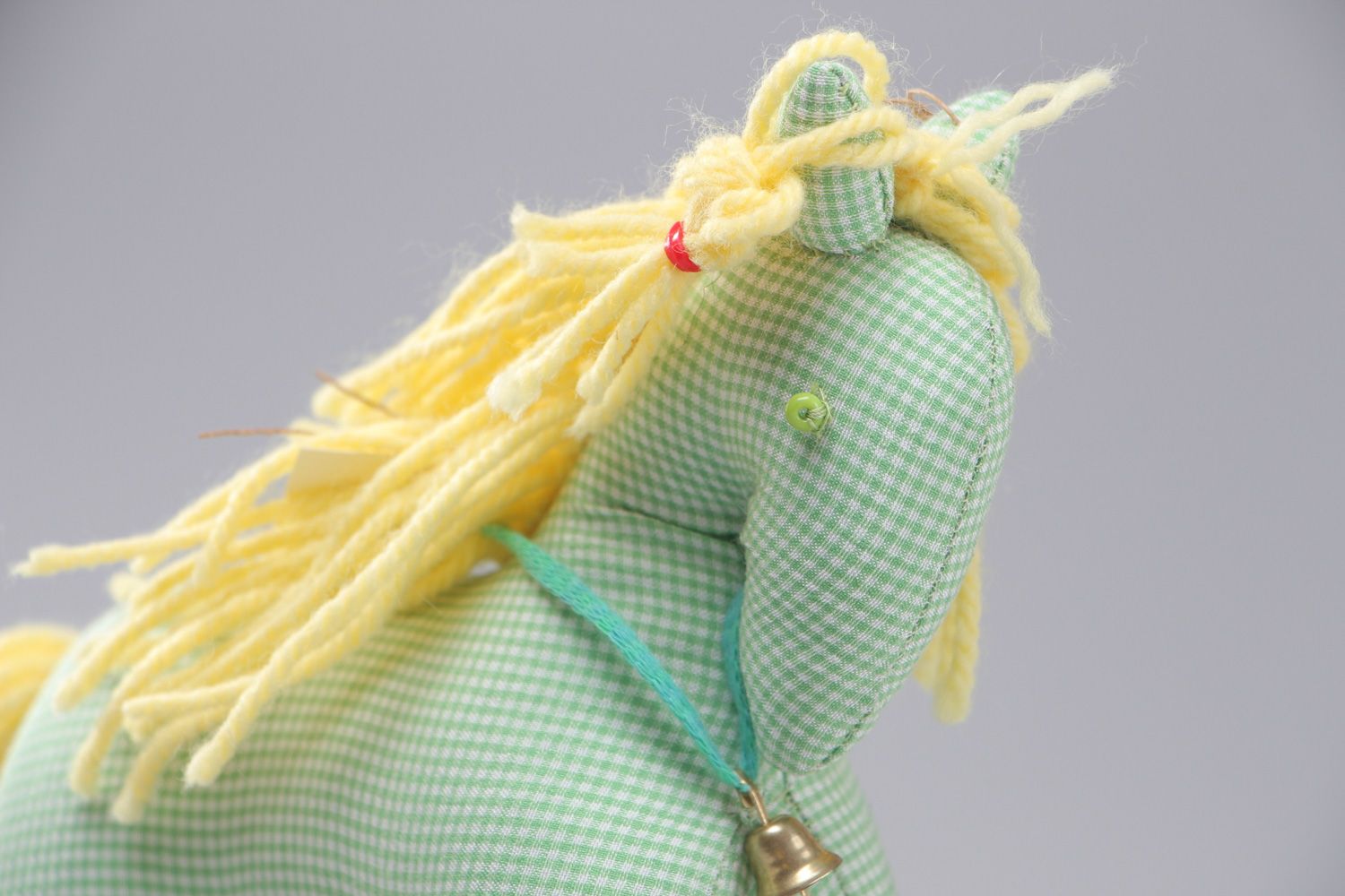 Handmade soft toy sewn of light green checkered cotton Horse with yellow mane photo 2