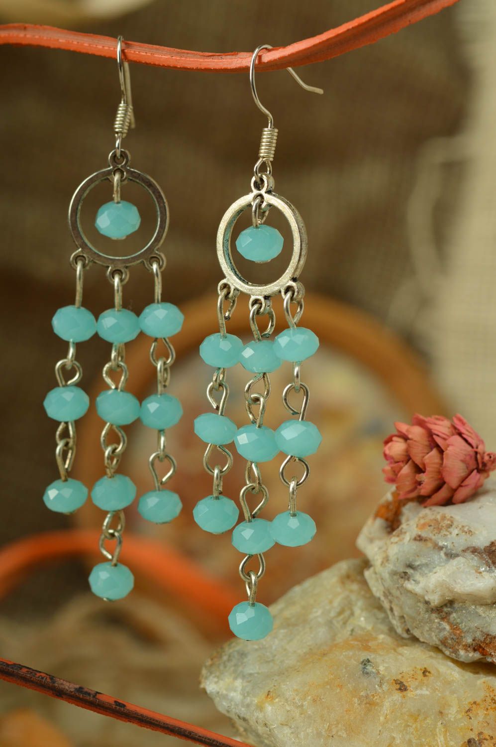 Handmade designer long metal earrings with blue crystal beads festive stylish photo 1