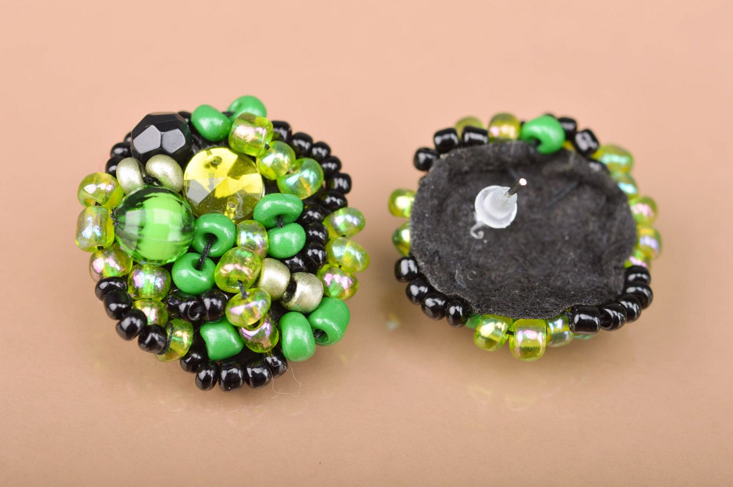 Handmade massive beaded stud earrings in green and black colors for women photo 2