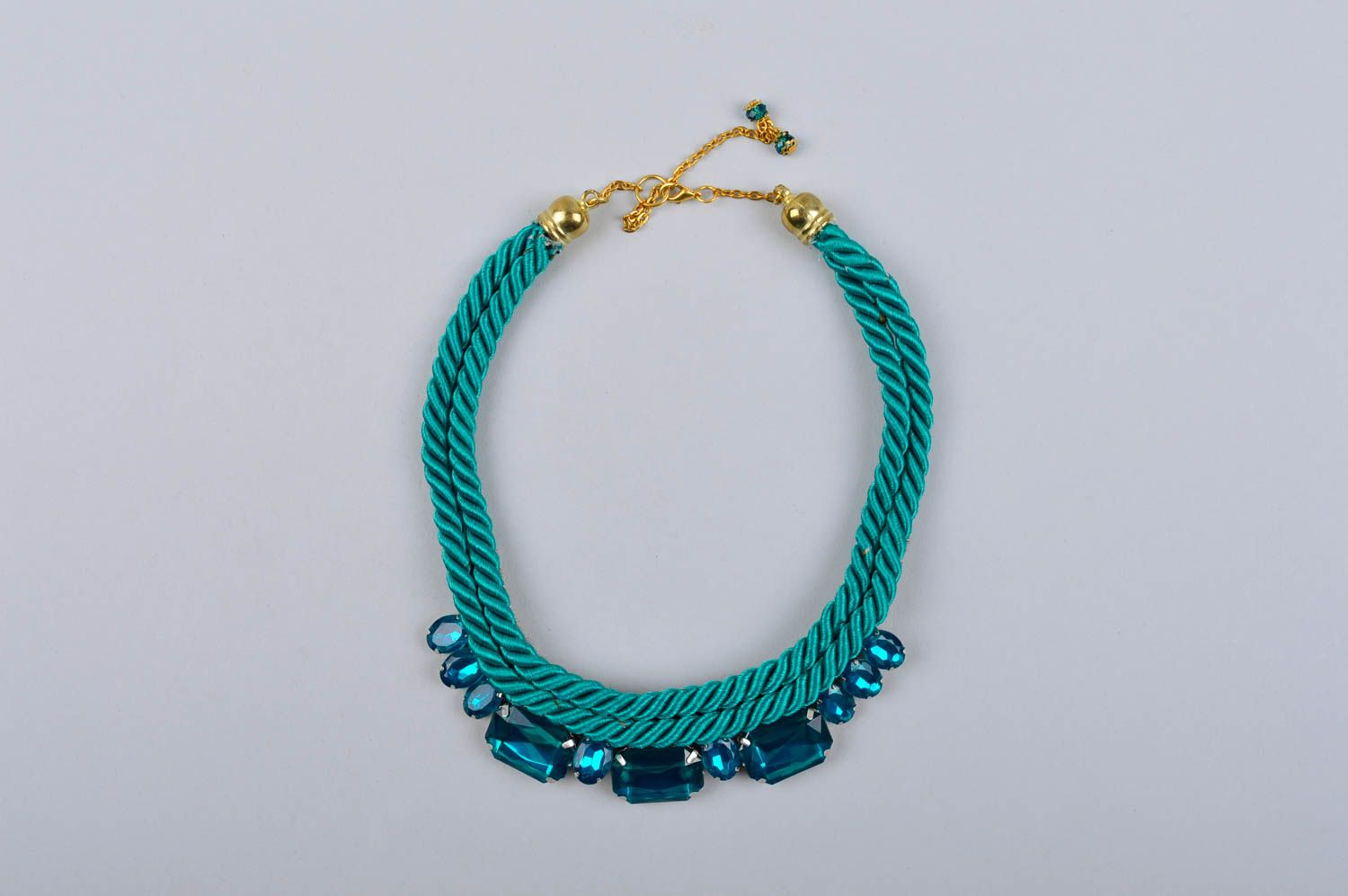 sustainable fashion magnet fastening cotton cord jewellery quirky statement piece Teal colour Jayne style knotted macrame necklace