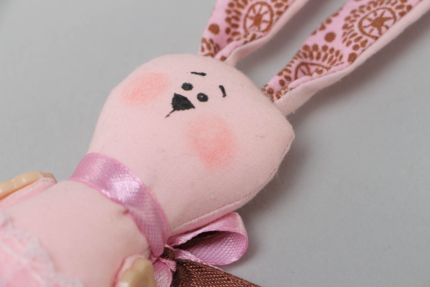Handmade decorative pink bunny toy made of fabric present for children  photo 3