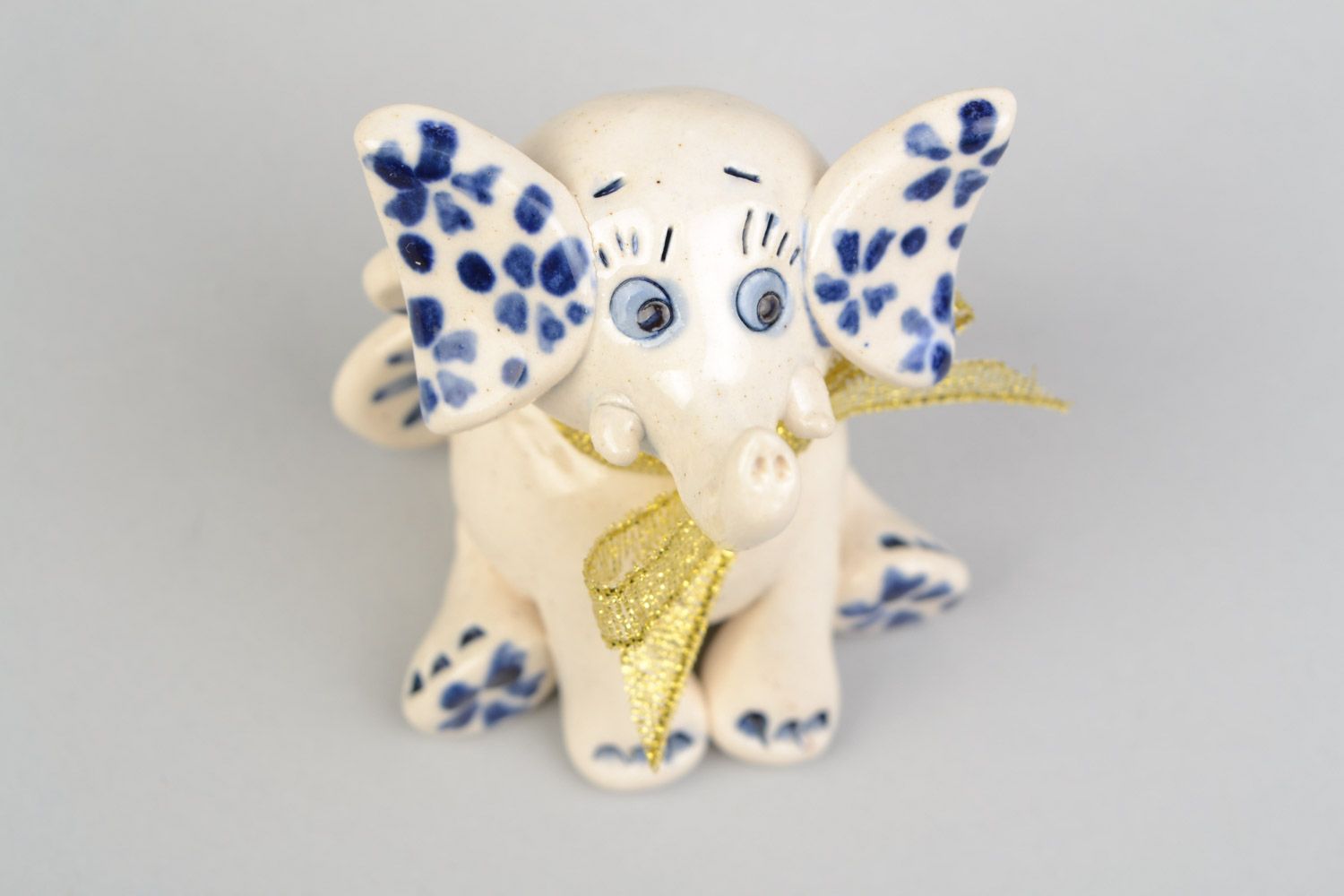 Handmade clay elephant figurine white with blue glaze painting small for home decor photo 4