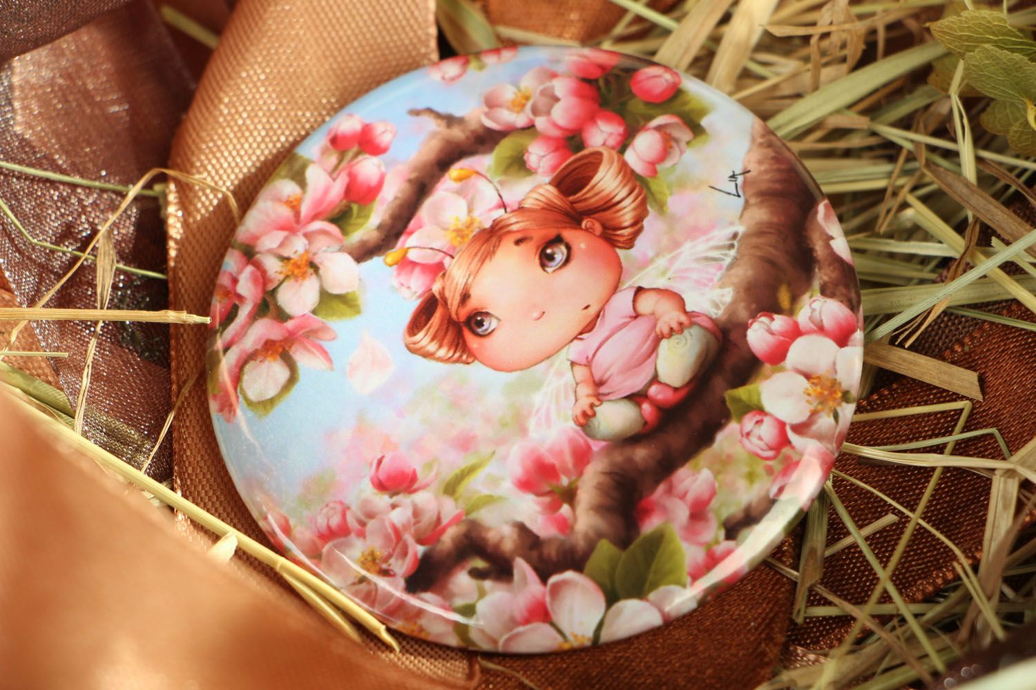 Miroir de poche fait main accessoire original pour fille Fleurs de cerisier photo 4