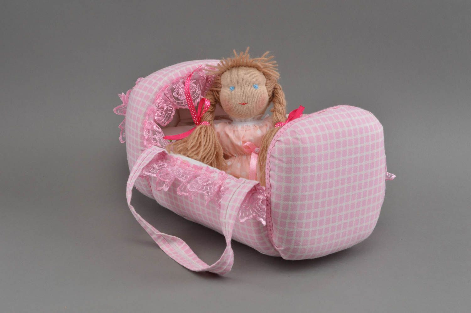 Handmade fabric toy doll in cradle stuffed toy in cradle nursery decor ideas photo 3
