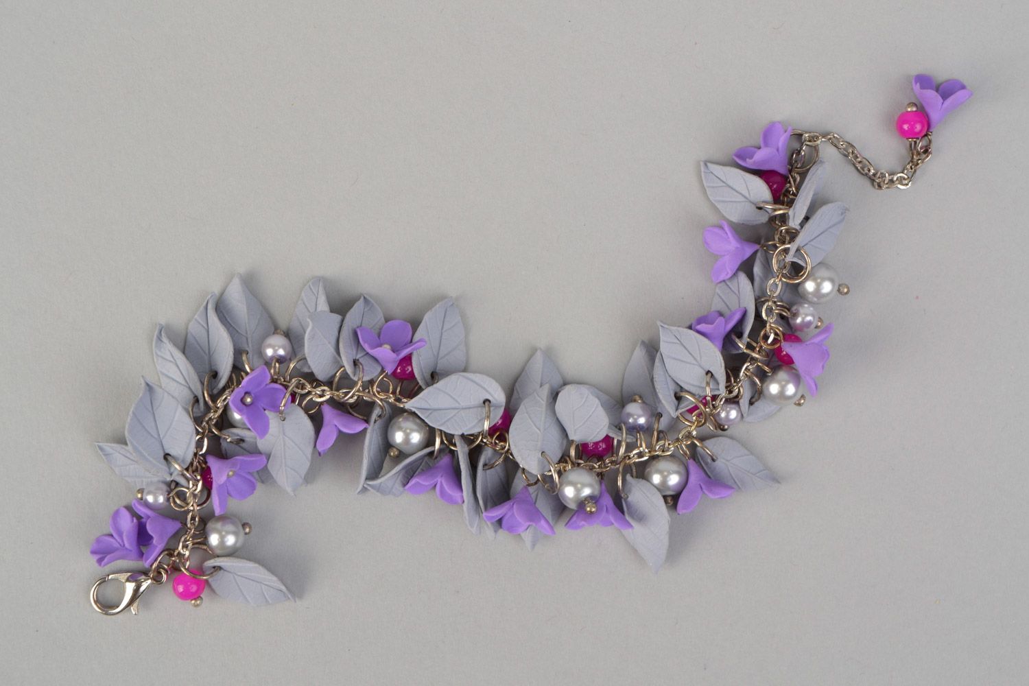 Chain charm bracelet with violet lilac flowers and gray leaves photo 4