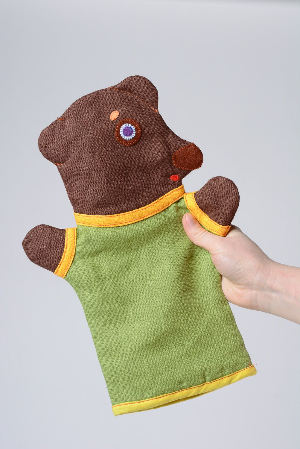Handmade linen coarse calico and felt fabric puppet toy bear bebabo photo 4