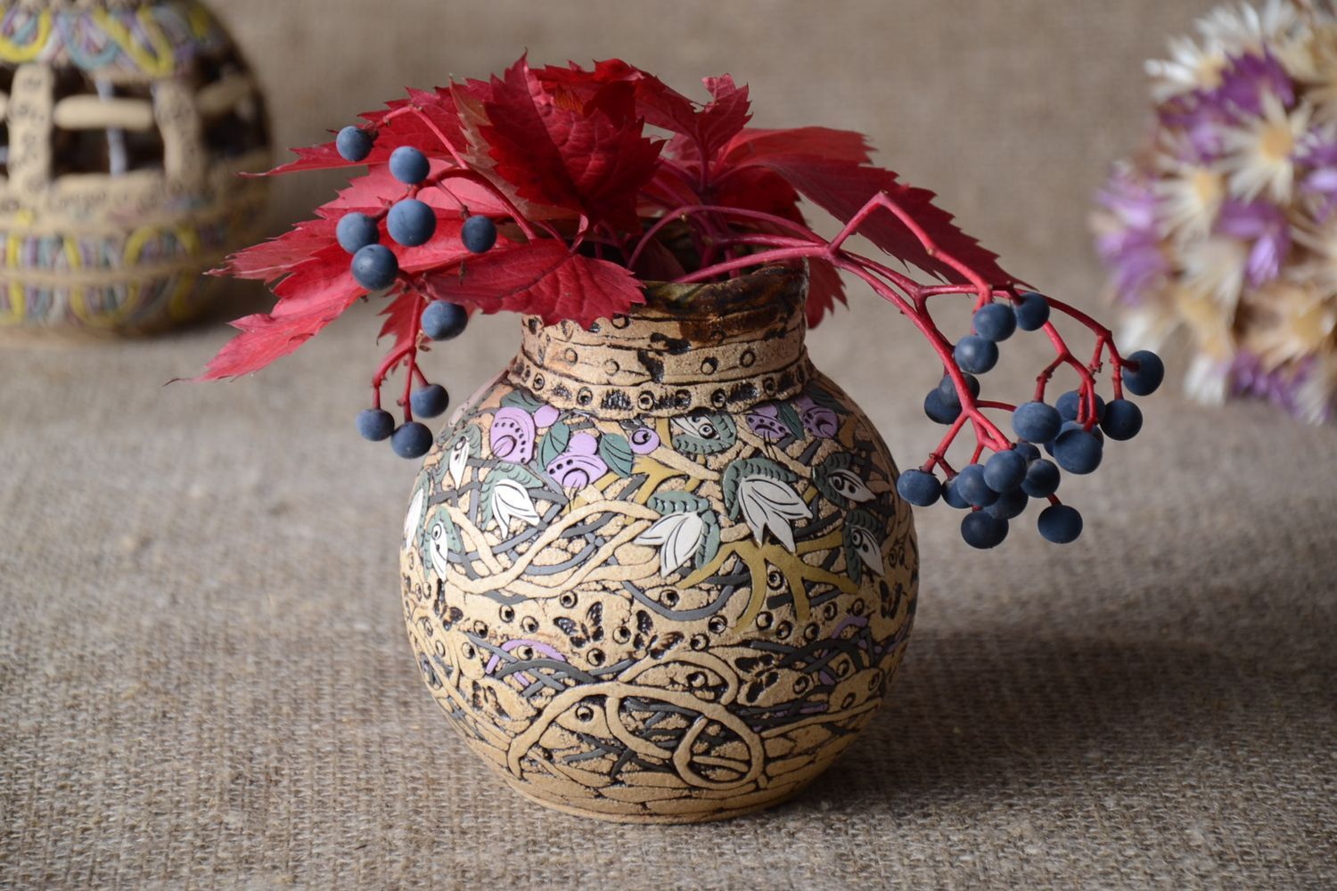 Florero de cerámica redondo jarron decorativo hecho a mano diseño de interior foto 1