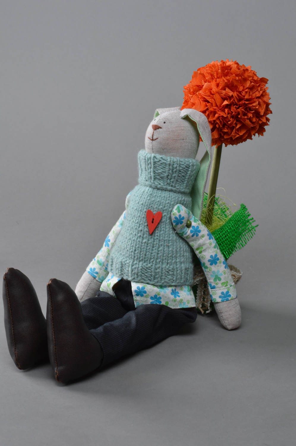 Handmade decorative soft toy bunny made of flax in knitted vest designer doll photo 4